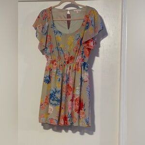Floral Flutter Sleeve Mini Dress - Beige/Pastel
